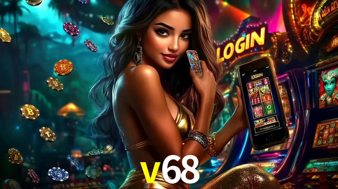 Mulher em um cenário de cassino temático de aventura, mostrando o app de caça-níqueis da v68 no celular. Fichas de apostas flutuam ao redor.