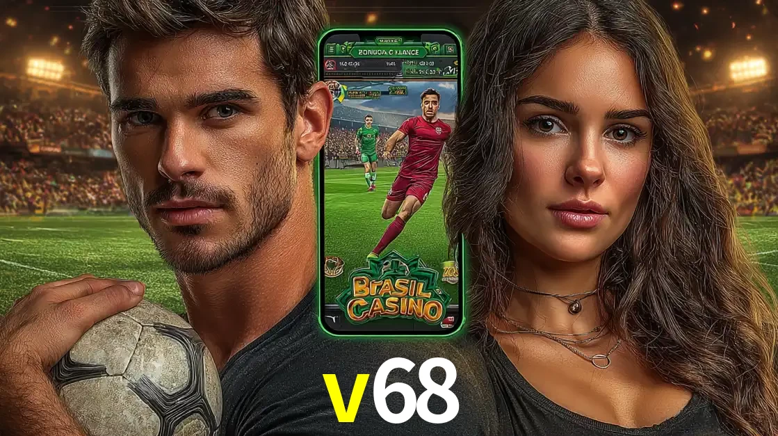 Homem segurando uma bola de futebol e uma mulher ao lado de um smartphone exibindo o jogo de apostas esportivas da v68. Faça seu palpite no cassino online.